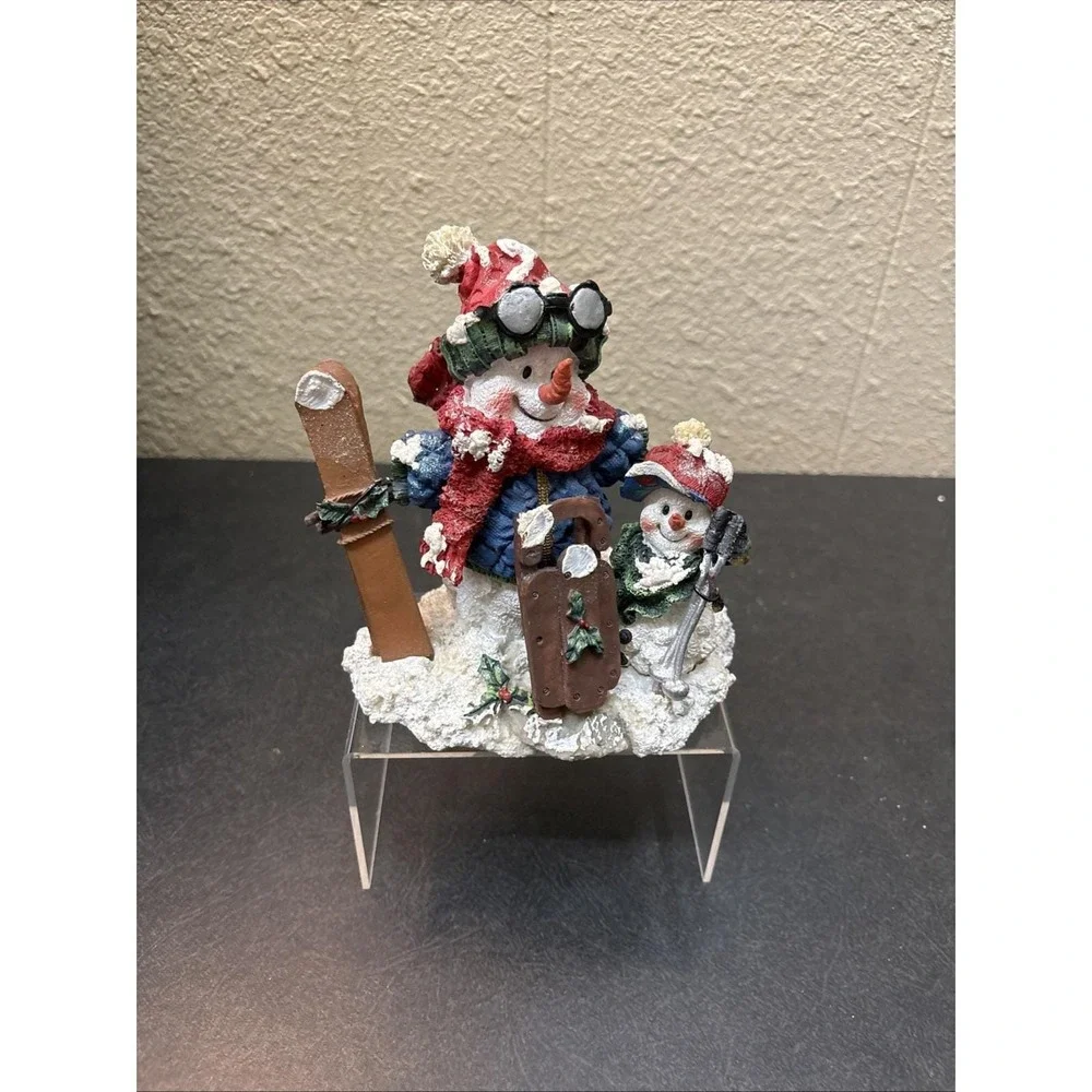 Vtg Sterling Inc Resin Snowman Collectible Figurine 2 Skiing, Father and Son